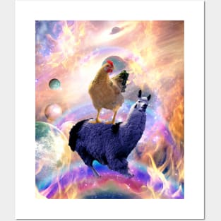 Chicken Riding Llama In Space - Rainbow Posters and Art